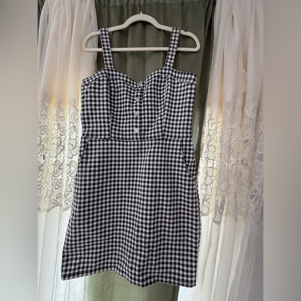 Gingham Checkered Mini Dress Women Juniors L 11-13 Black White Pockets‎ Preppy